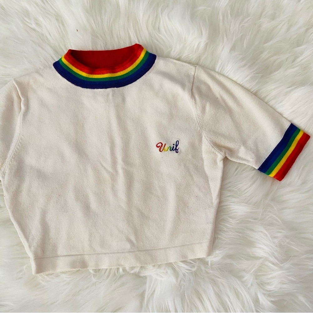 The most desired UNIF rainbow trim mock neck crop top knit sweater